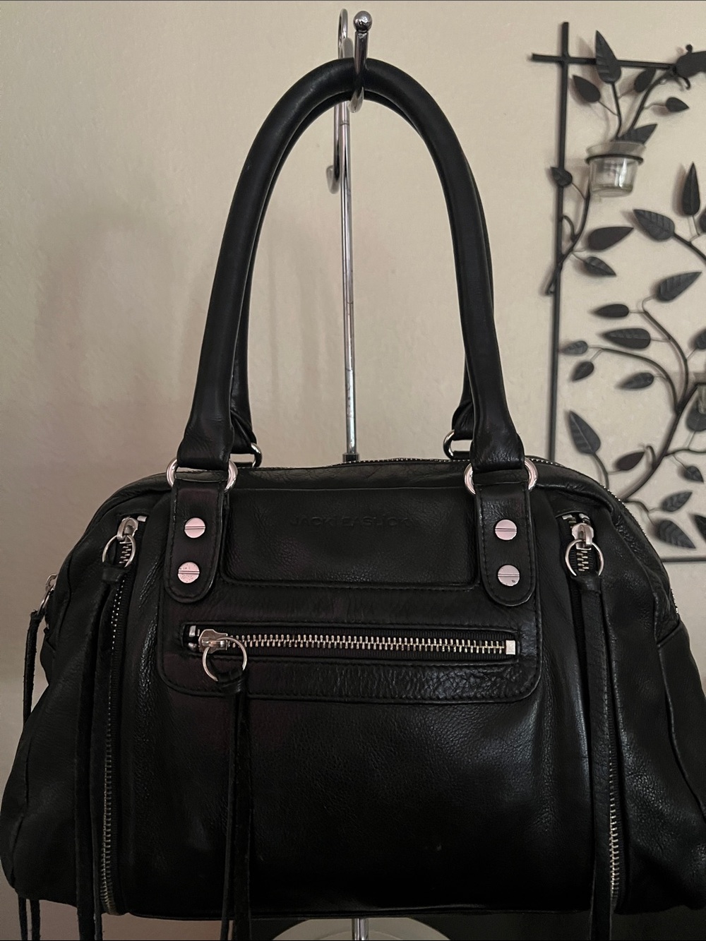Jacki Easlick Black Leather Satchel Handbag with Silver-Tone Hardware